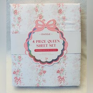 Envogue Pink Floral Rose Vines and Bows Spring Sheet Set - Queen